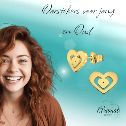 Goudkleurige hartjes oorstekers – 11x9mm RVS - Aramat Jewels - Oorbellen - cadeautip