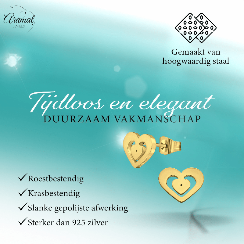 Goudkleurige hartjes oorstekers – 11x9mm RVS - Aramat Jewels - Oorbellen - cadeautip