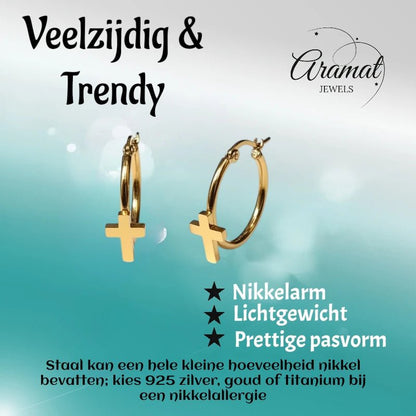 Goudkleurige Hoops RVS met Kruisje - 25mm - Aramat Jewels - Oorringen - cadeautip