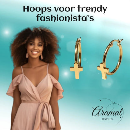 Goudkleurige Hoops RVS met Kruisje - 25mm - Aramat Jewels - Oorringen - cadeautip