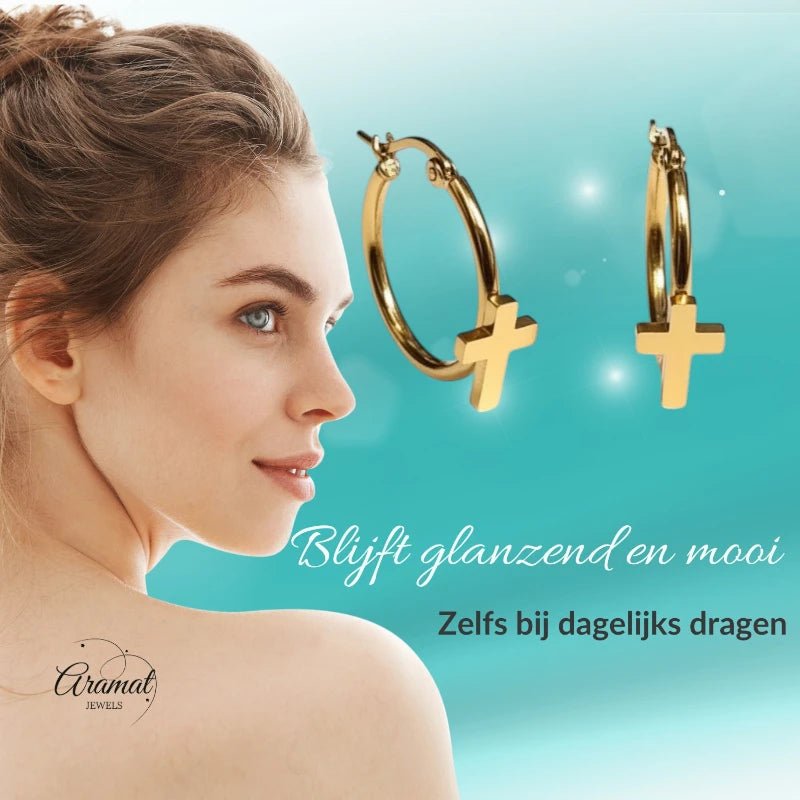 Goudkleurige Hoops RVS met Kruisje - 25mm - Aramat Jewels - Oorringen - cadeautip