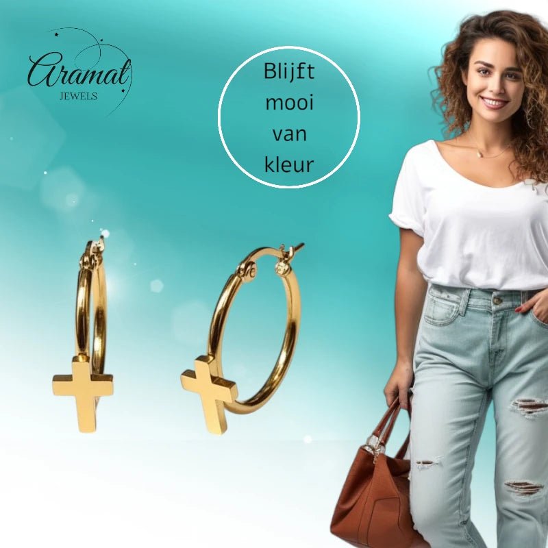 Goudkleurige Hoops RVS met Kruisje - 25mm - Aramat Jewels - Oorringen - cadeautip