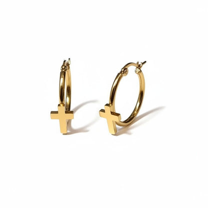 Goudkleurige Hoops RVS met Kruisje - 25mm - Aramat Jewels - Oorringen - cadeautip