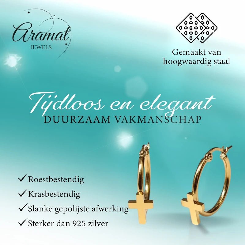 Goudkleurige Hoops RVS met Kruisje - 25mm - Aramat Jewels - Oorringen - cadeautip