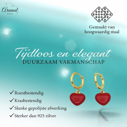Goudkleurige Huggie Oorringen met Rood Hartje - oor6397 - 807432 - Oorringen kopen# - 14mm - alles - cadeau