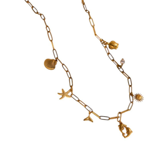 Goudkleurige ketting met parel & dolfijn bedels - 40cm - ket1163 - 599159 - Halskettingen kopen# - 40cm - alles - Bedelketting