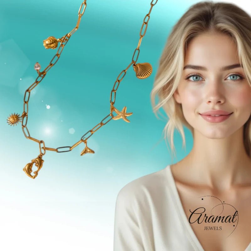 Goudkleurige ketting met parel & dolfijn bedels - 40cm - ket1163 - 599159 - Halskettingen kopen# - 40cm - alles - Bedelketting