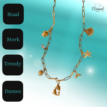 Goudkleurige ketting met parel & dolfijn bedels - 40cm - ket1163 - 599159 - Halskettingen kopen# - 40cm - alles - Bedelketting