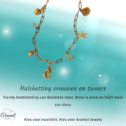 Goudkleurige ketting met parel & dolfijn bedels - 40cm - ket1163 - 599159 - Halskettingen kopen# - 40cm - alles - Bedelketting