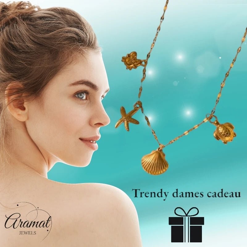 Goudkleurige ketting met schelpen & zeethema - bedels - ket1161 - 599157 - Halskettingen kopen# - 40cm - alles - Bedelketting