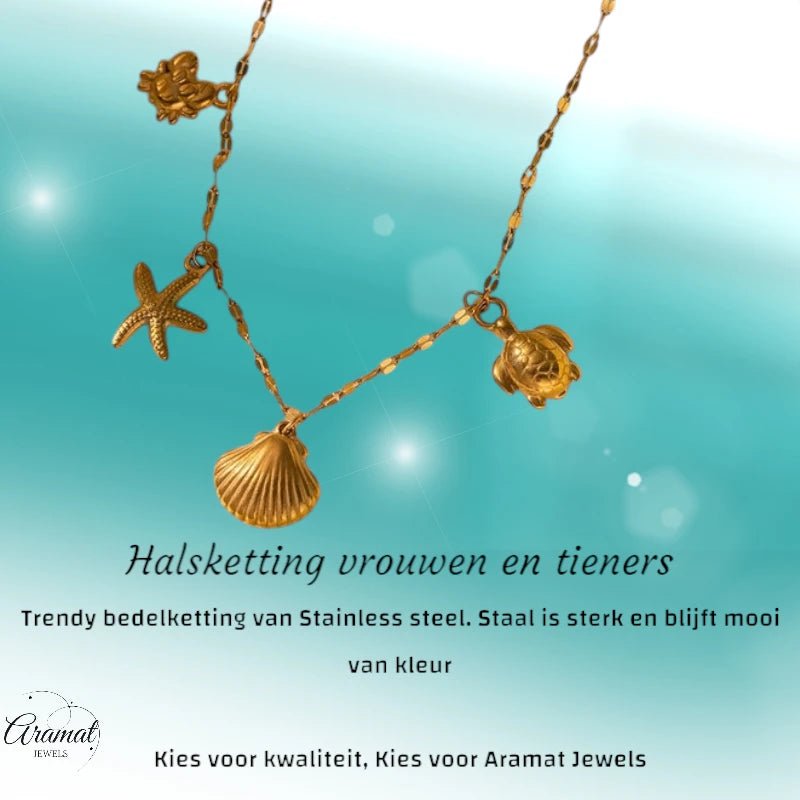 Goudkleurige ketting met schelpen & zeethema - bedels - ket1161 - 599157 - Halskettingen kopen# - 40cm - alles - Bedelketting
