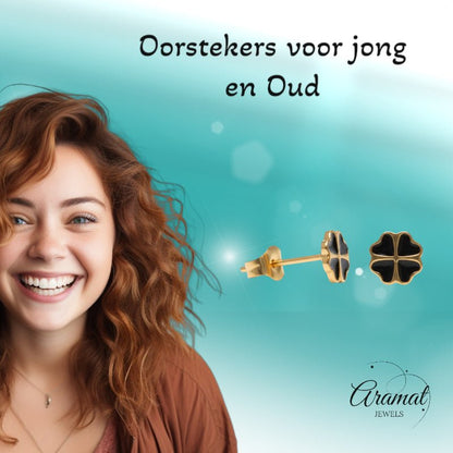 Goudkleurige Klavertje Vier Oorbellen Met Emaille - Aramat Jewels - Oorbellen - cadeautip