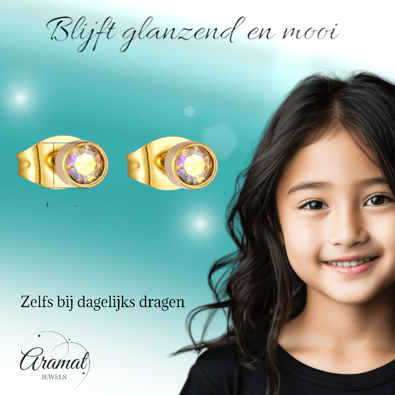 Goudkleurige kristallen oorbellen met AB glans – 3 mm - oor587 - XE38690 - Oorbellen kopen# - 3mm - AB - AB Transparant