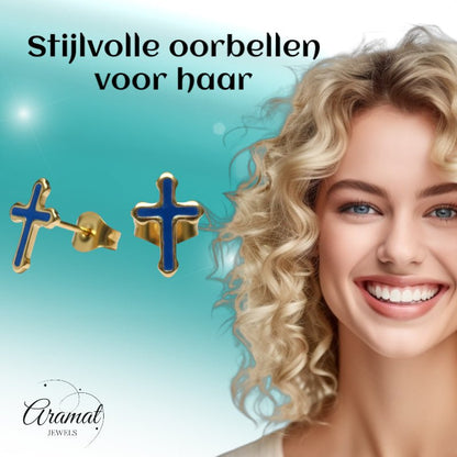 Goudkleurige Kruisjes Oorbellen Met Emaille Afwerking - Aramat Jewels - Oorbellen - cadeautip