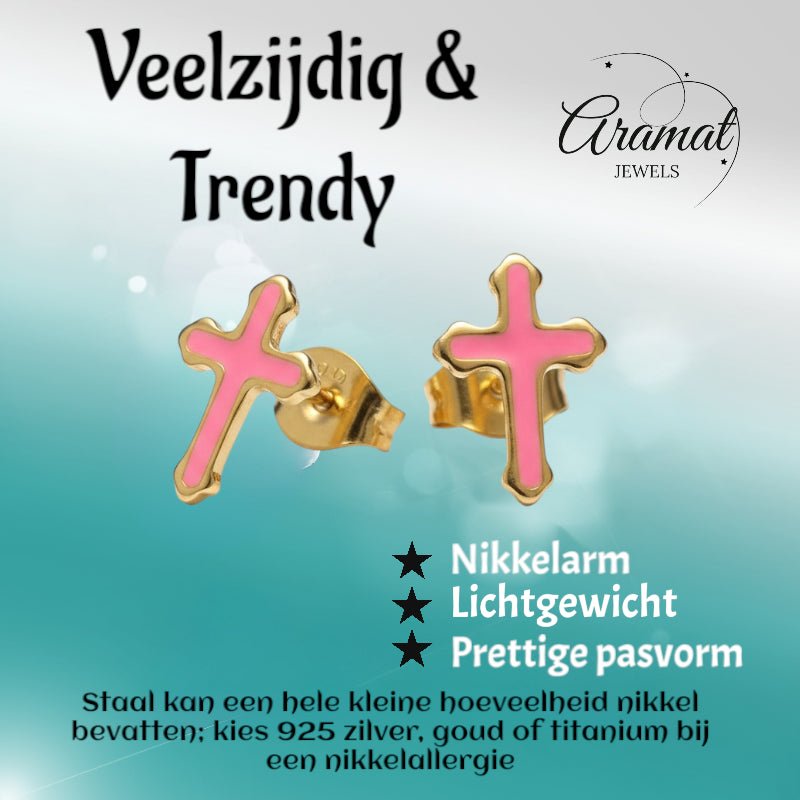 Goudkleurige Kruisjes Oorbellen Met Emaille Afwerking - Aramat Jewels - Oorbellen - cadeautip