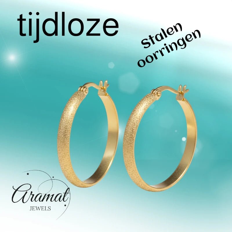 Goudkleurige Matte RVS Oorringen Sandblasted - 30 mm - Aramat Jewels - Oorringen - cadeautip
