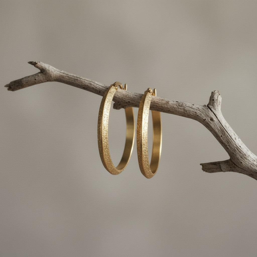 Goudkleurige Matte RVS Oorringen Sandblasted - 32 mm - Aramat Jewels - Oorringen - cadeautip