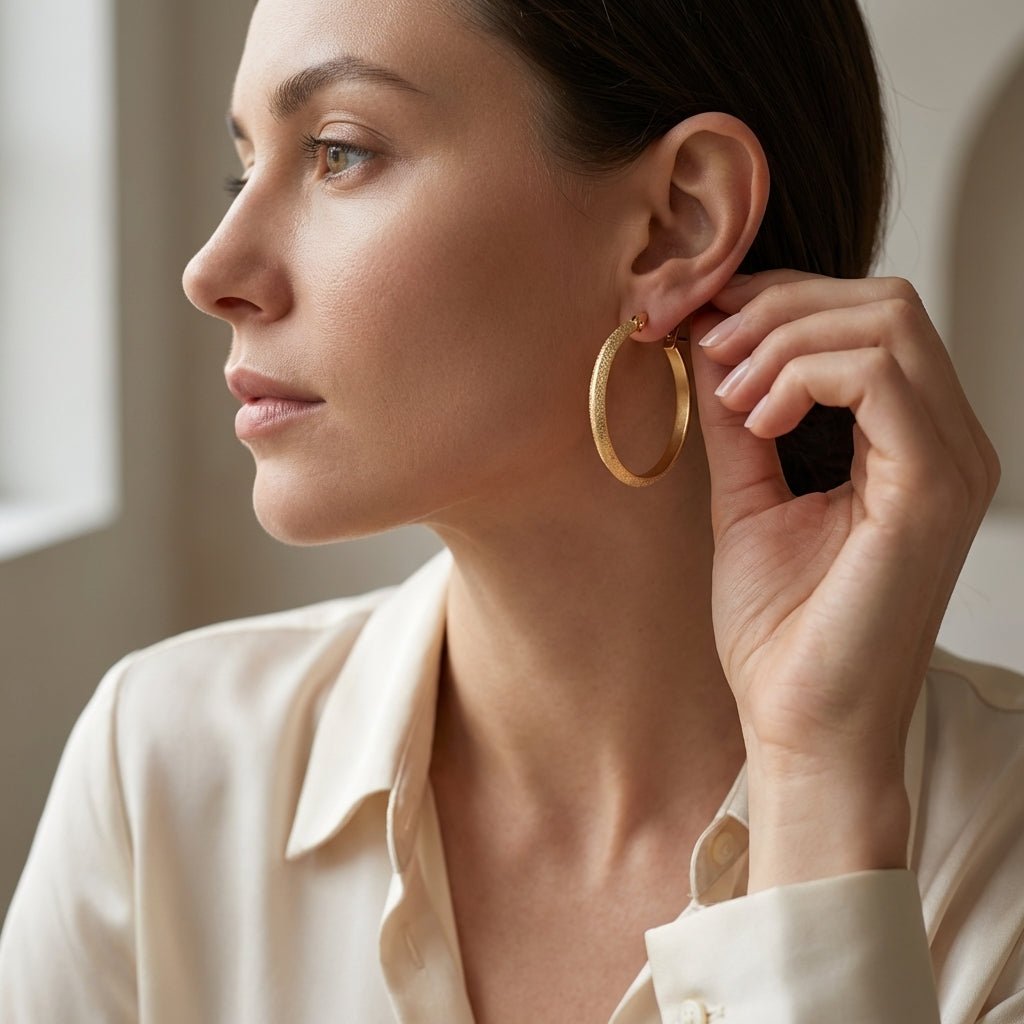 Goudkleurige Matte RVS Oorringen Sandblasted - 32 mm - Aramat Jewels - Oorringen - cadeautip