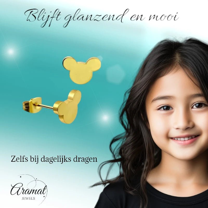 Goudkleurige Mickey Mouse Oorbellen – 8mm RVS - oor4223 - fg - Oorbellen kopen# - 8mm - alles - cadeau