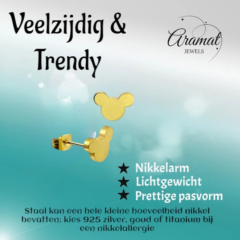 Goudkleurige Mickey Mouse Oorbellen – 8mm RVS - oor4223 - fg - Oorbellen kopen# - 8mm - alles - cadeau