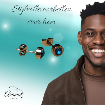 Goudkleurige oorbellen met aqua blauw zirkonia 6mm - oor4482 - Oorbellen kopen# - 6mm - alles - Aqua Blauw