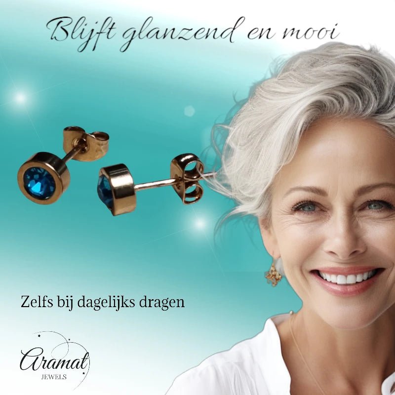 Goudkleurige oorbellen met aqua blauw zirkonia 6mm - oor4482 - Oorbellen kopen# - 6mm - alles - Aqua Blauw