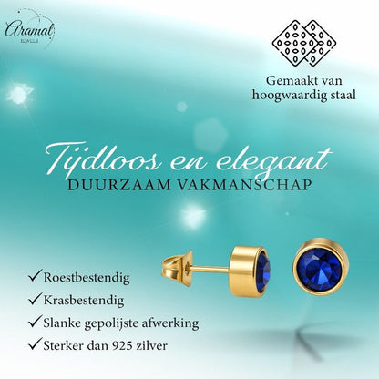 Goudkleurige oorbellen met donkerblauwe zirkonia – 7 mm - oor2067 - XE58221 - Oorbellen kopen# - 7mm - alles - blauw