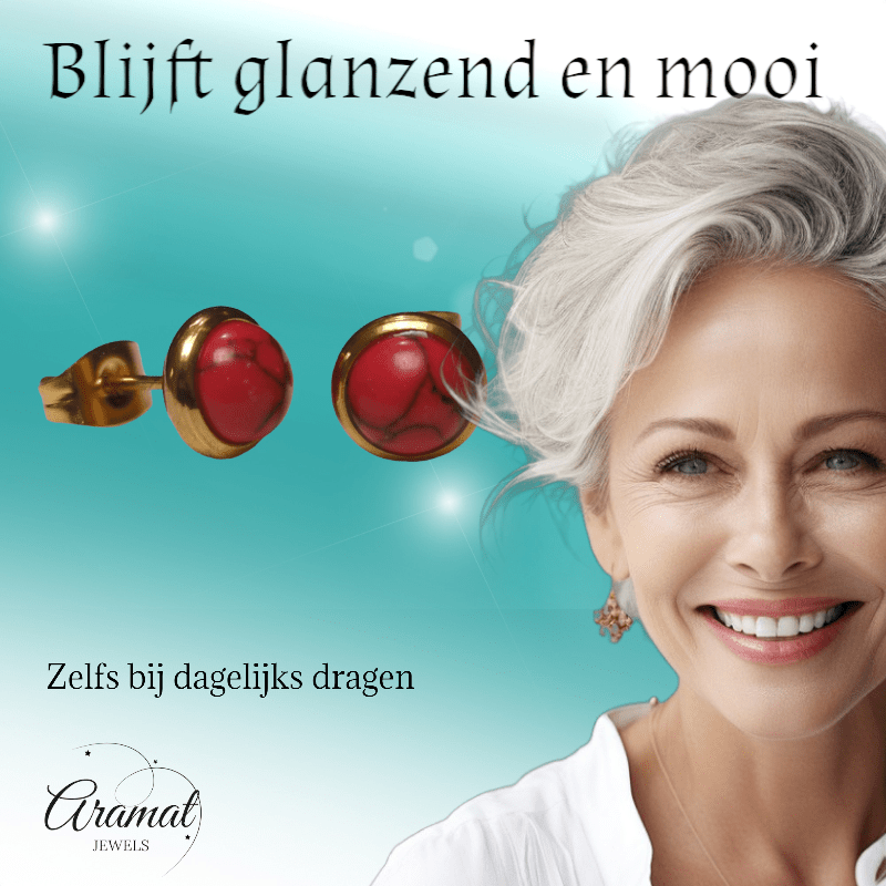 Goudkleurige oorbellen met rode gemarmerde steen 8mm - oor3248 - Oorbellen kopen# - 8mm - alles - cadeau