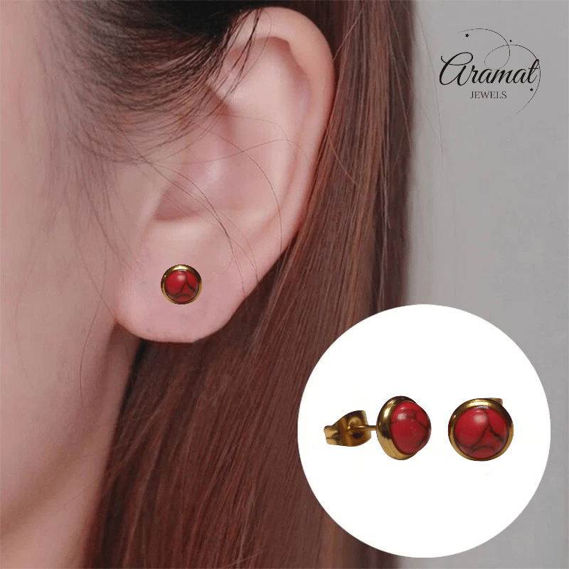 Goudkleurige oorbellen met rode gemarmerde steen 8mm - oor3248 - Oorbellen kopen# - 8mm - alles - cadeau