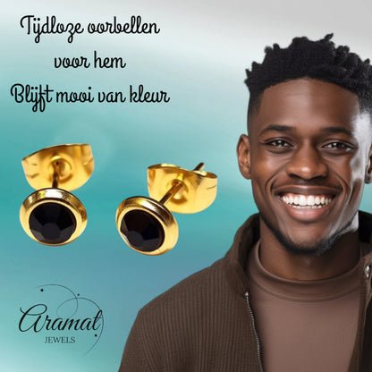 Boucles d'oreilles en acier inoxydable, cristal noir, couleur or, rondes, 6 mm - Puces d'oreilles élégantes 