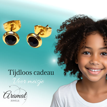 Boucles d'oreilles en acier inoxydable, cristal noir, couleur or, rondes, 6 mm - Puces d'oreilles élégantes 