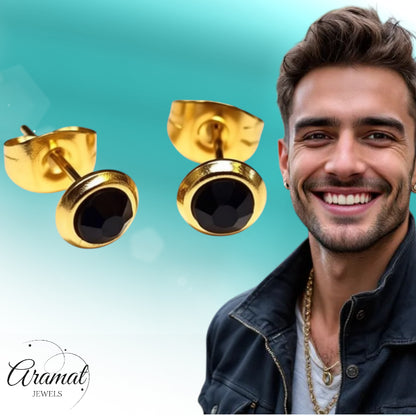 Boucles d'oreilles en acier inoxydable, cristal noir, couleur or, rondes, 6 mm - Puces d'oreilles élégantes 
