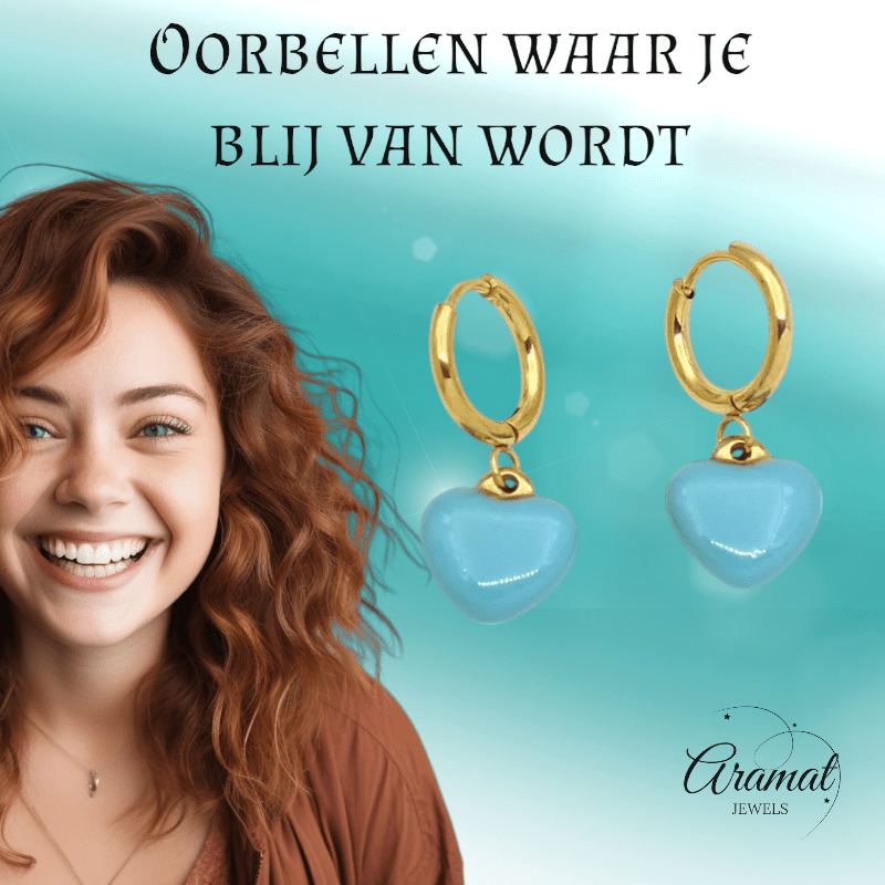 Goudkleurige Oorringen met Blauw Hartje - oor6398 - 807431 - Oorringen kopen# - 14mm - alles - blauw