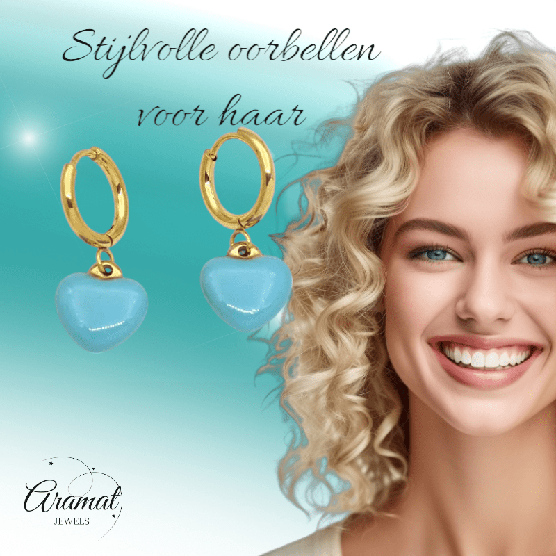 Goudkleurige Oorringen met Blauw Hartje - oor6398 - 807431 - Oorringen kopen# - 14mm - alles - blauw