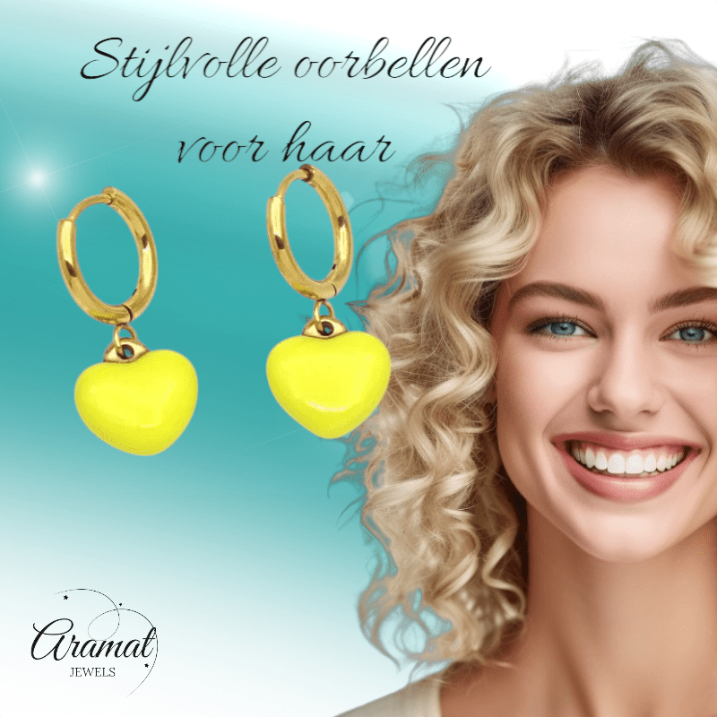 Goudkleurige Oorringen met Geel Hartje - oor6396 - 807433 - Oorringen kopen# - 14mm - alles - cadeau