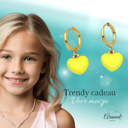 Goudkleurige Oorringen met Geel Hartje - oor6396 - 807433 - Oorringen kopen# - 14mm - alles - cadeau