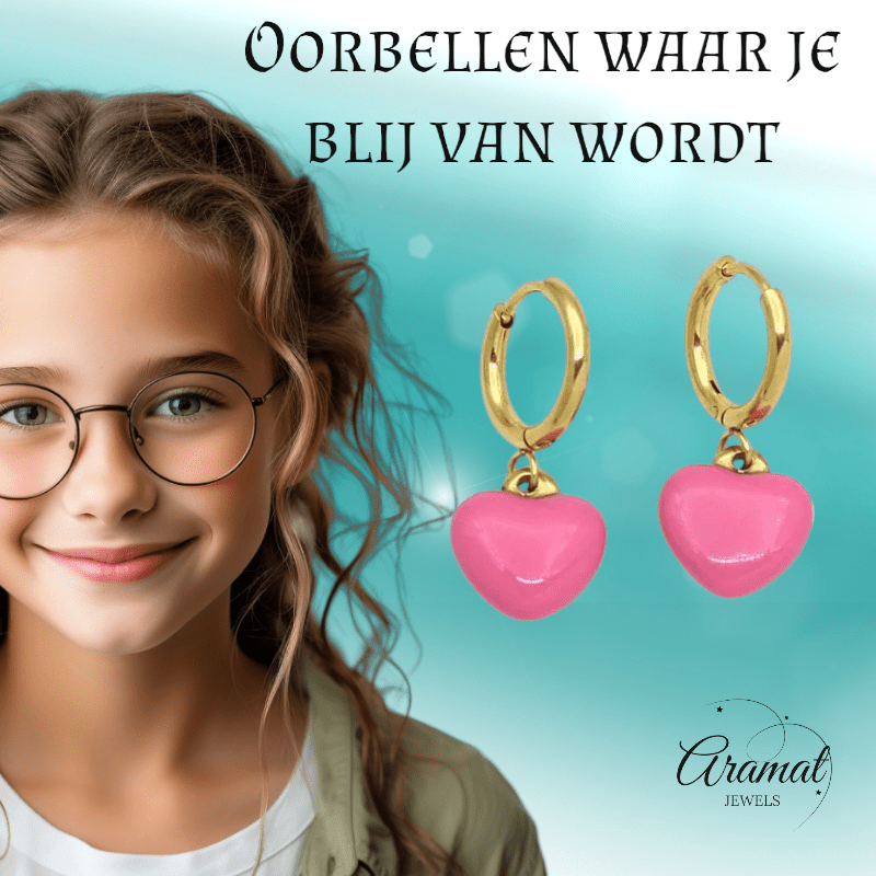 Goudkleurige Oorringen met Roze Hartje - oor6399 - 807430 - Oorringen kopen# - 14mm - alles - cadeau