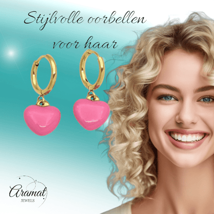 Goudkleurige Oorringen met Roze Hartje - oor6399 - 807430 - Oorringen kopen# - 14mm - alles - cadeau