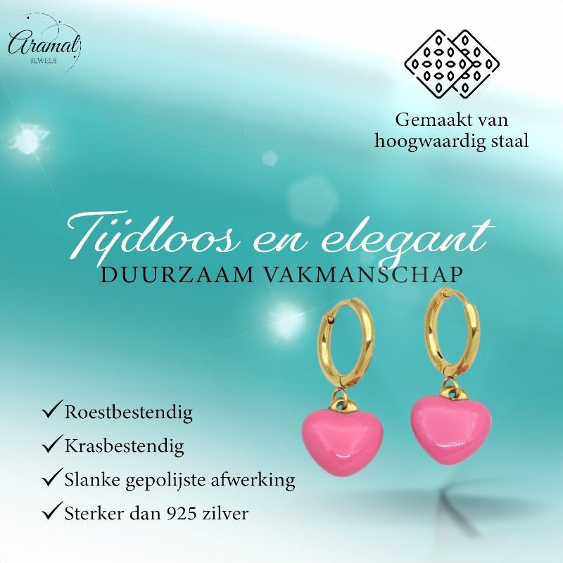 Goudkleurige Oorringen met Roze Hartje - oor6399 - 807430 - Oorringen kopen# - 14mm - alles - cadeau