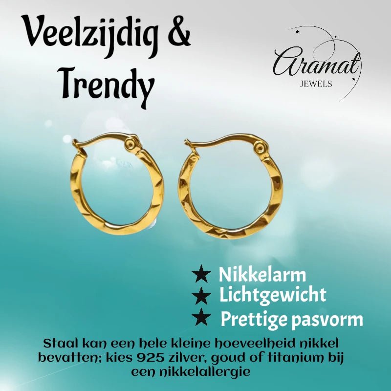 Goudkleurige Oorringen RVS met Fijn Streepmotief (20 mm) - Aramat Jewels - Oorringen - cadeautip