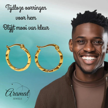 Goudkleurige Oorringen RVS met Fijn Streepmotief (20 mm) - Aramat Jewels - Oorringen - cadeautip