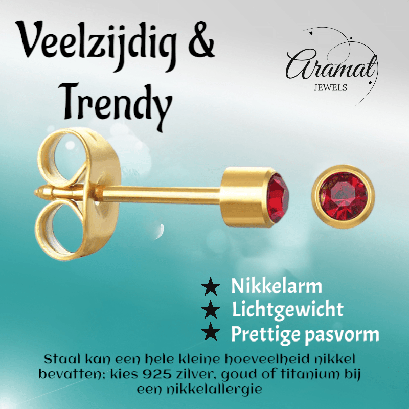 Goudkleurige Oorstekers 3mm - Rood Kristal - oor596 - XE38686 - Oorbellen kopen# - 3mm - alles - cadeau