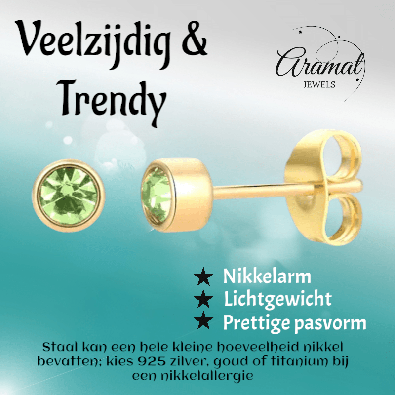 Goudkleurige Oorstekers 4mm - Lichtgroen Kristal - oor4607 - Oorbellen kopen# - 4mm - alles - cadeau