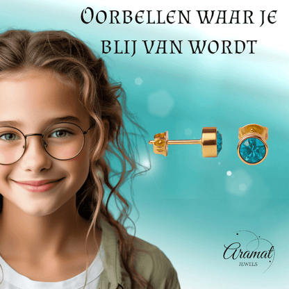 Goudkleurige Oorstekers 5mm - Aqua Blauw Kristal - oor2768 - XE71668 - Oorbellen kopen# - 5mm - alles - Aqua Blauw