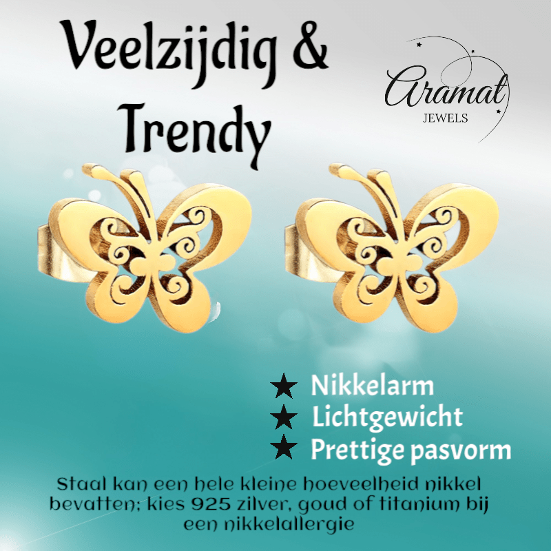 Goudkleurige open vlinder oorstekers 10x8 mm - Aramat Jewels - Oorbellen - cadeautip