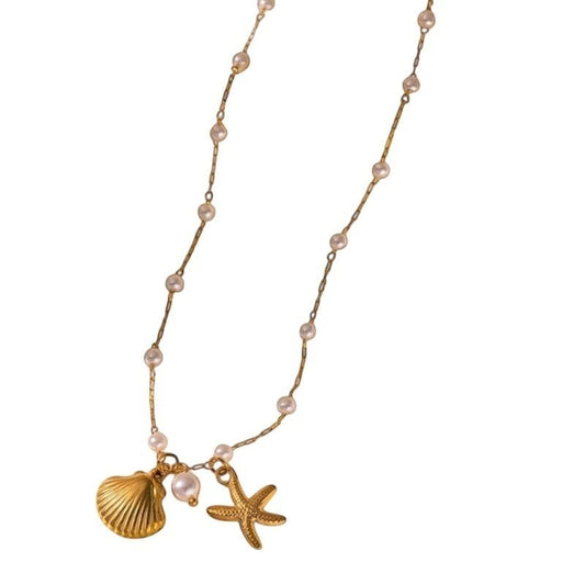 Goudkleurige parelketting met schelp & zeester – 40+5 cm - ket1182 - 599155 - Halskettingen kopen# - 40cm - alles - Bedelketting