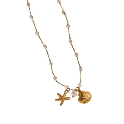 Goudkleurige parelketting met schelp & zeester – 40+5 cm - ket1182 - 599155 - Halskettingen kopen# - 40cm - alles - Bedelketting