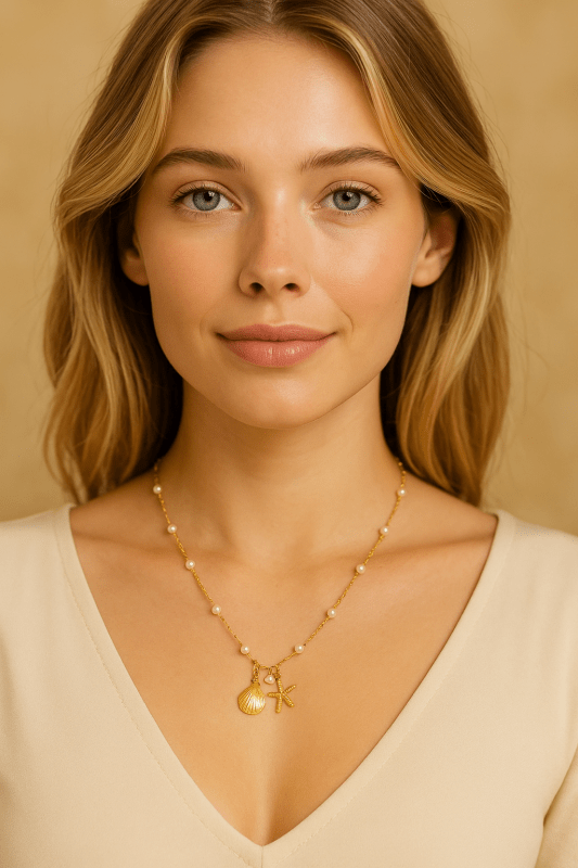 Goudkleurige parelketting met schelp & zeester – 40+5 cm - ket1182 - 599155 - Halskettingen kopen# - 40cm - alles - Bedelketting