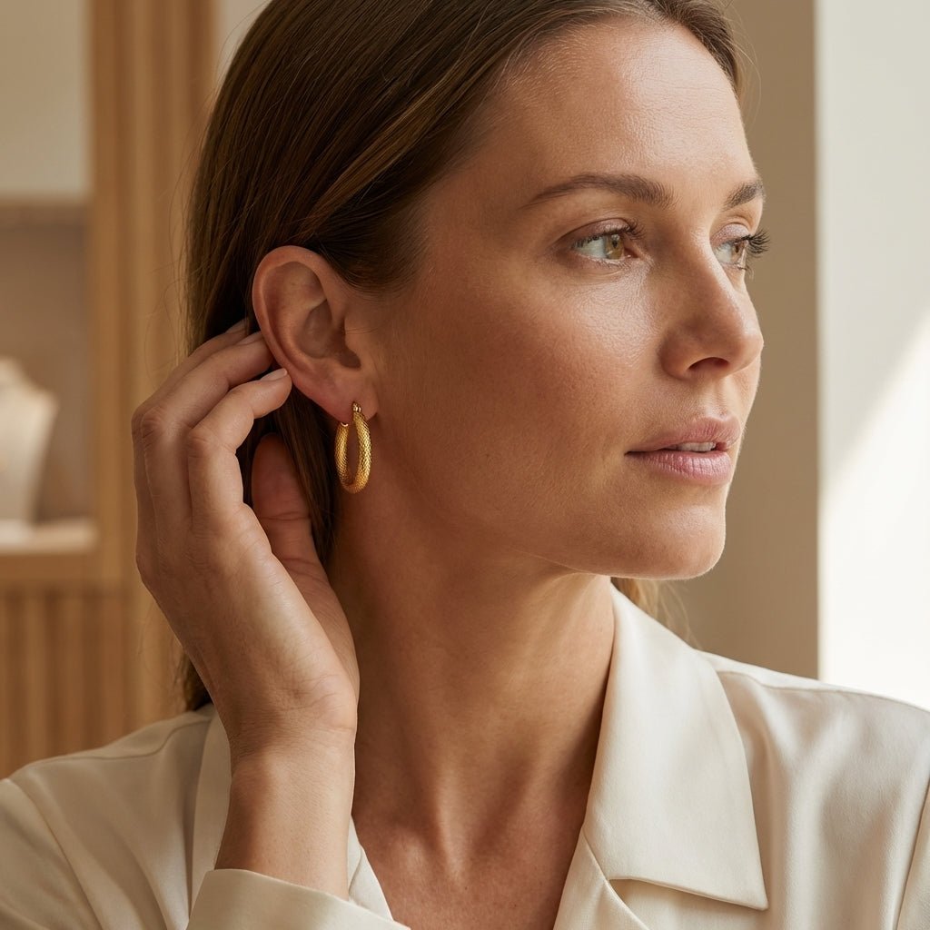 Goudkleurige RVS Hoepeloorbellen met Textuur - 18 mm - Aramat Jewels - Oorringen - cadeautip