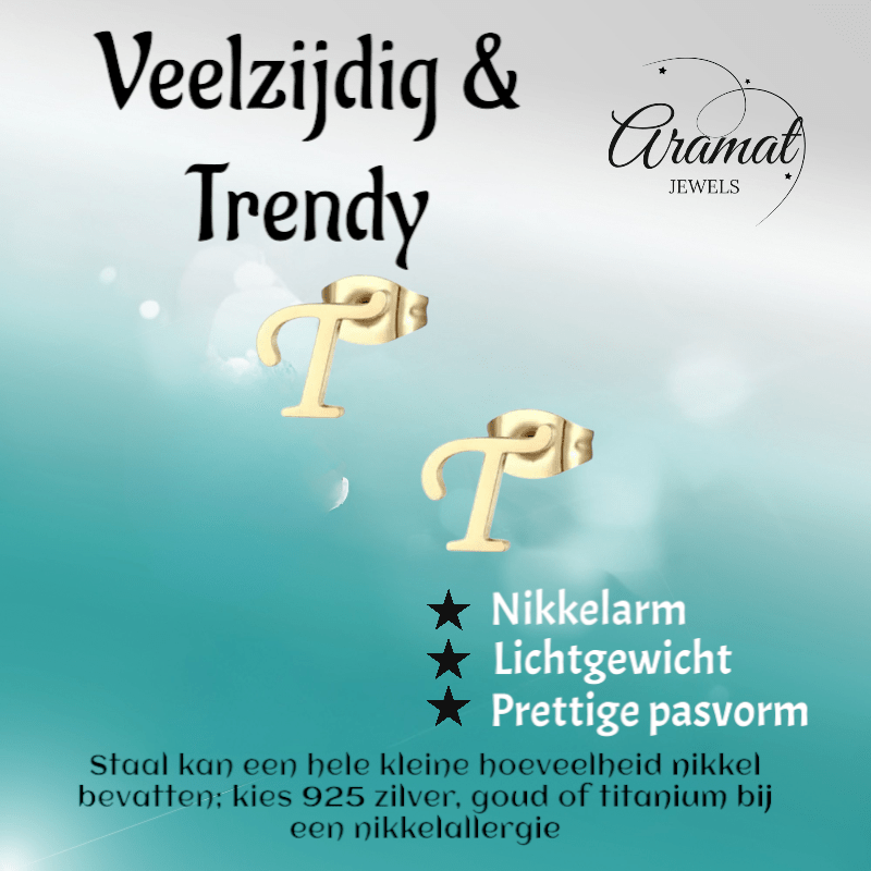 Goudkleurige RVS Letter T Oorbellen – Initiaal - Aramat Jewels - Oorbellen - cadeautip
